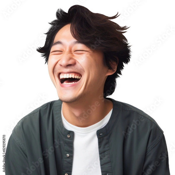 Obraz Waist up shot of overjoyed Asian handsome man laughs happily.  smiles broadly, expressing positive emotions. People and happiness concept Isolated on A Transparent Background.
