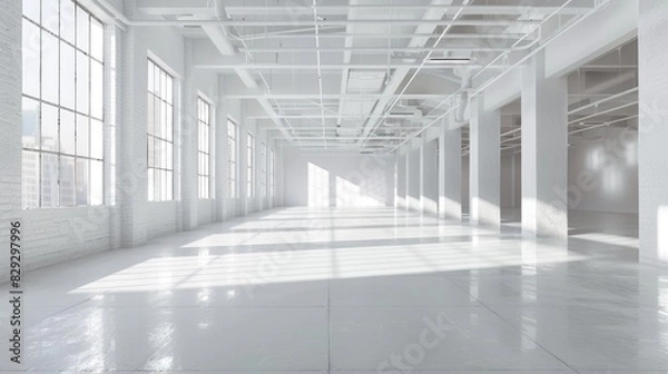 Fototapeta Empty white warehouse interior with clean, open space and a pristine white background, emphasizing the vast, uncluttered area