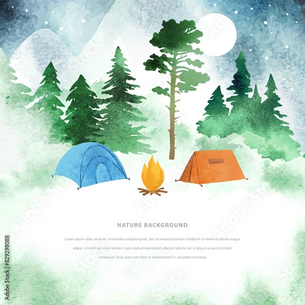 Fototapeta Touristic camp with tents. Night romantic hand drawn vector template with tents, mountain, bonfire, moon, coniferous forest and space for text. Travel concept