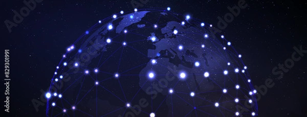 Fototapeta Global Communications Network A Digital Background Design,  interconnected nodes mesh-like structure around earth map for tech business design, cyber network, global information systems, cyber connect