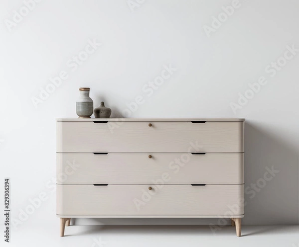 Fototapeta Wooden dresser in warm neutral color in an interior design room composition. Minimalistic chic interiors with copyspace for text.