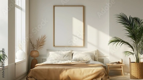 Fototapeta Frame mockup, modern living room interior with cozy bed