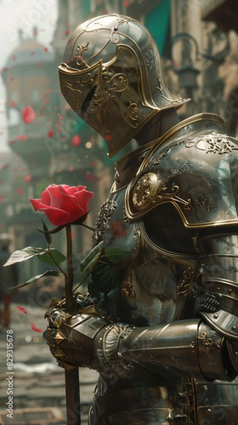 Obraz Majestic knight in intricate glass armor holds a single red rose on a cobblestone street with petals swirling around, blending chivalry and romance in a timeless scene