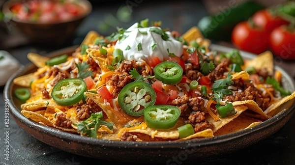 Fototapeta A platter of spicy nachos, topped with cheese, jalape�os, and sour cream.