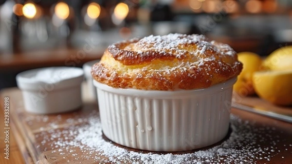 Fototapeta A serving of light and airy lemon souffl�, dusted with powdered sugar.
