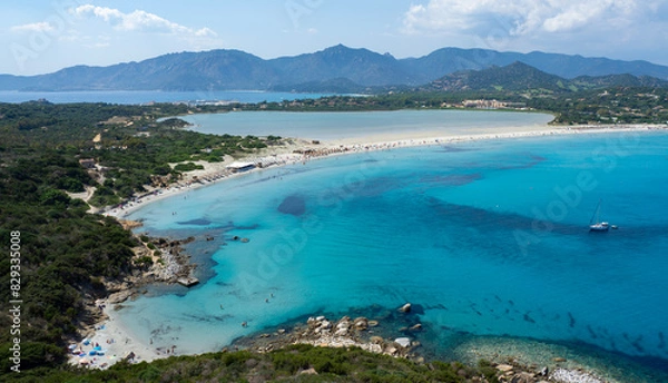 Fototapeta Villasimus, Sardegna. Amazing aerial view of the bay of the beach Porto Giunco, Time Ama, Serr'e Morus. Sea of Sardinia one of the most beautiful in Italy. Summer time
