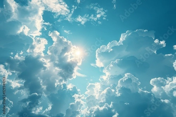 Obraz Blue sky background with tiny clouds and sun. Nature abstract background.