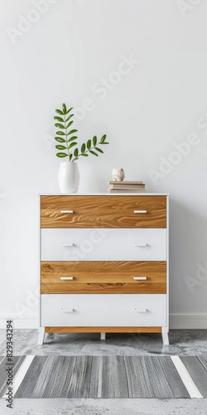 Fototapeta Minimalist wooden dresser with minimal decorative elements. Luxury interior design composition for ads.