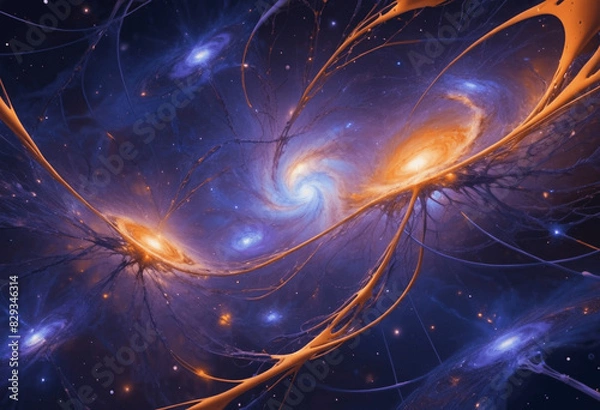 Obraz Cosmic Energy in Cosmic galaxy, Energy flowing in the cosmos like Neurons firing, Cosmology Space Close shot Showing Cosmic Web of Universe showing flowing Energy, Generative AI	