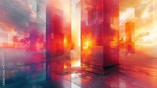 Fototapeta A surreal dreamscape with floating geometric shapes and vibrant colors