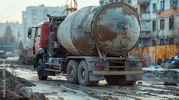 Fototapeta Sharp macro shot of a well-used cement mixer truck, stationed at an industrial building site, capturing its enduring strength