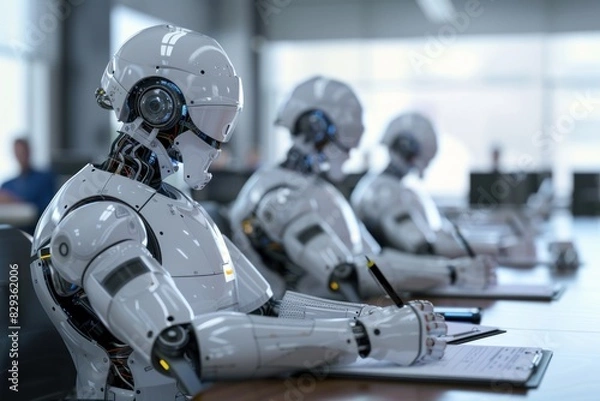 Fototapeta A row of humanoid robots with intricate mechanical details seated at desks, engaged in writing and editing tasks.