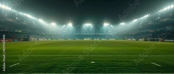 Fototapeta An empty soccer stadium viewed from the center of the field at night, with bright stadium lights Closeup