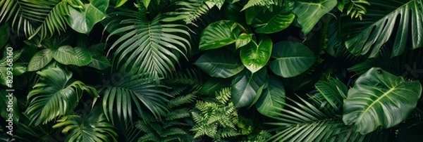 Fototapeta Tropical rainforest with this stunning green leaves background. Lush foliage extends far, creating a lush and immersive nature experience.