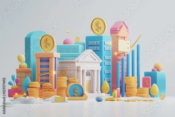 Fototapeta Abstract Financial Cityscape with Coins and Buildings
