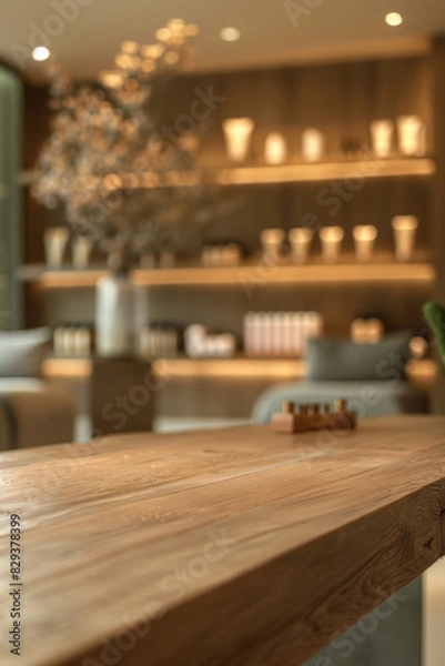 Fototapeta A wooden reception desk in the foreground with a blurred background of a high-end spa. The background features elegant decor, comfortable seating, shelves with beauty products, and calming  ambient