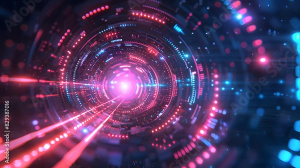 Fototapeta High Tech Target, hitting target mark . Speed and technology concept. Glowing pink blue lines and bokeh lights