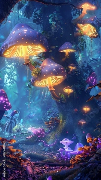 Fototapeta Magical forest with glowing mushrooms, enchanted creatures, vibrant foliage, mystical light, serene atmosphere