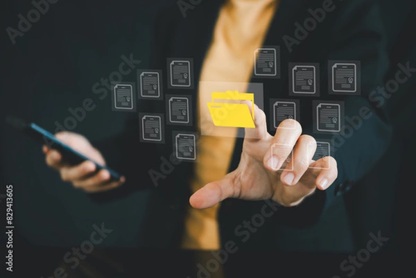 Fototapeta Document management concept. Electronic documents, Document management system and process automation. Search and managing files online document database.