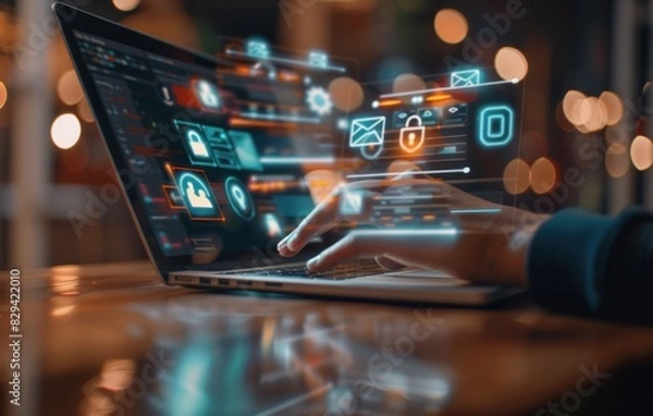 Fototapeta Man using laptop with cybersecurity icons floating. Online safety and data protection concept.
