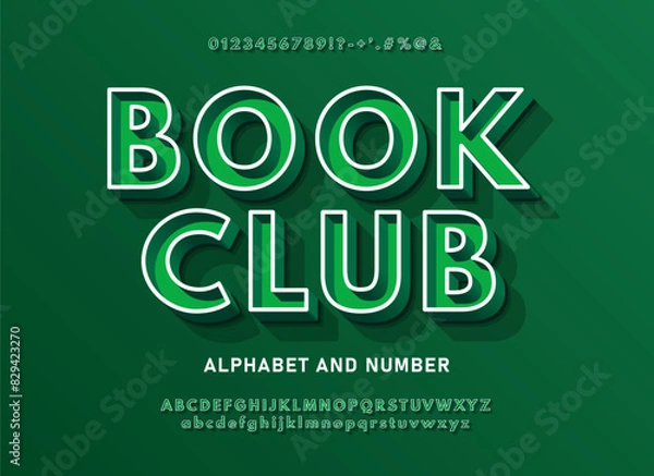 Fototapeta Green volumetric 3d alphabet with a thin outline. Chic urban 3D font with signs, symbols and numbers. Book club