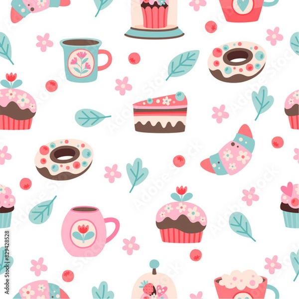 Fototapeta Seamless summer pattern with images of coffee, sweets, cupcakes, macaroons and other sweet elements. Printing on fabric and wrapping paper.