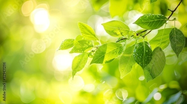 Fototapeta  A tight shot of a tree branch, adorned with emerald leaves and glistening water droplets Sunlight filters through from the left side