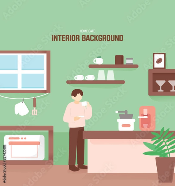 Fototapeta 일러스트,배경,백그라운드,캐릭터,인물,공간,인테리어,라이프,가구,실내,집,가정,홈카페,카페,바리스타,주방,베이킹,커피,음료,요리,취미,여유,화분
