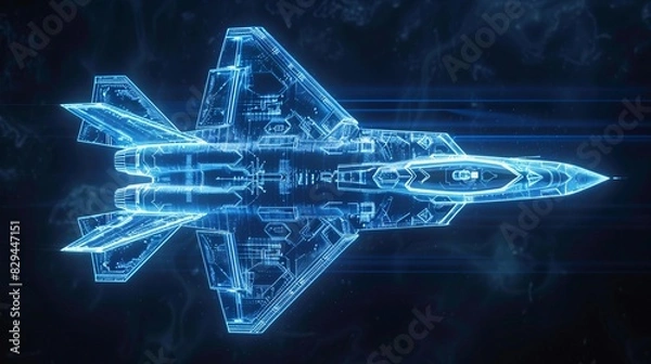 Fototapeta An illustration of fighter jet in blue print wireframe , A fighter jet is depicted in the center of an air battle map with data and holographic images against a dark blue background