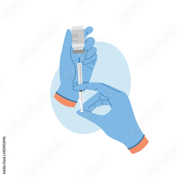Fototapeta Doctor hand in gloves with syringe with vaccine liquid. Nurse hand in medical gloves hold syringe and ampoule with medicine. Vaccination concept