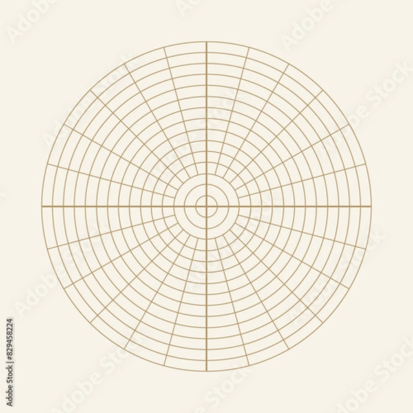 Fototapeta Polar coordinate circular grid isolated on white background. 360 degrees scale. Blank polar graph paper. Vector illustration. Mathematical graph. Lined blank on transparent background