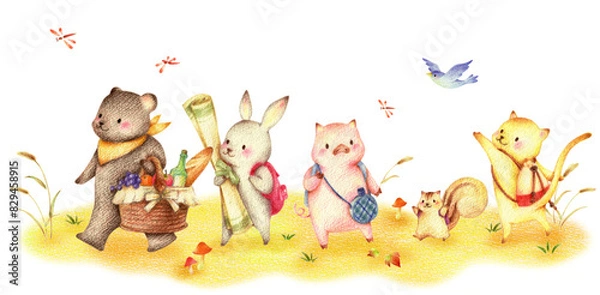 Fototapeta ピクニックに歩いて出かける秋の野原の動物たち　手描き色鉛筆画