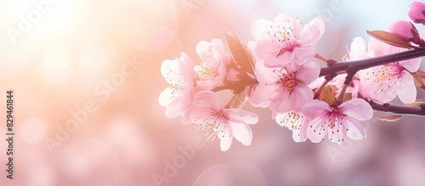 Fototapeta Pink blossoming almond tree with bokeh light background Pink flowers for spring time background close up banner. copy space available