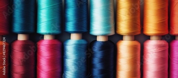 Fototapeta Copy space image of vibrant sewing threads on a gray fabric background offering ample room for text