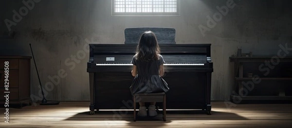 Fototapeta A young girl in elementary school is seen practicing the piano in an image that has empty space for other elements. Copyspace image