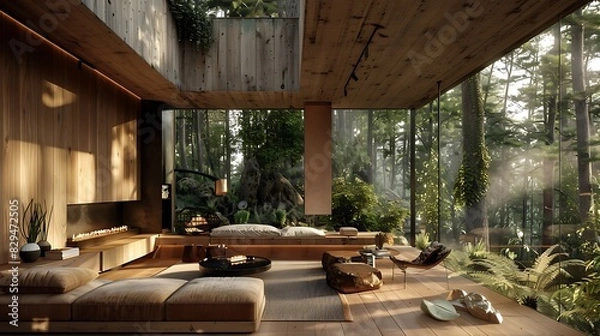 Fototapeta Immersed in Nature's Symphony: A High-Design Forest Oasis Where Tranquility Meets Modern Aesthetics, Capturing the Essence of Serenity and Elegance in Every Branch and Leaf.