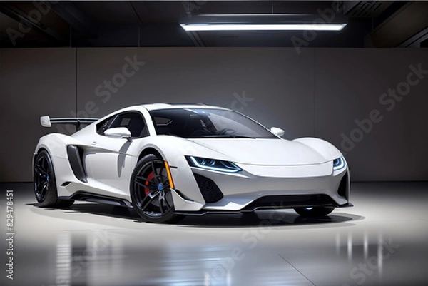 Fototapeta ホワイトとブラックのスポーツカー、近未来的デザイン、ガレージ内のスタジオショット、エアロダイナミクス、カーボンファイバーパーツ搭載、シャープなラインと低いプロファイル、高性能車両。