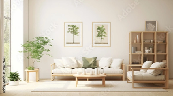 Fototapeta Modern minimal style living room in white and green colors