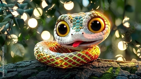 Fototapeta Beautiful cartoon friendly snake with colorful scales on an abstract background with bokeh and highlights