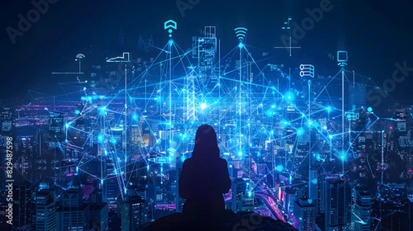 Fototapeta Smart city and intelligent communication network, 5G technology concept