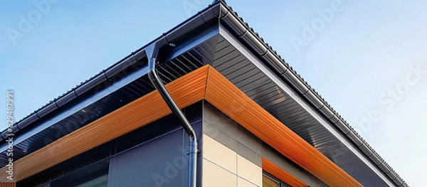 Fototapeta sleek black roof gutter and downpipe on modern home architectural detail system