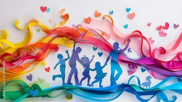 Obraz Intricate paper cut design LGBTQ parents dancing with children vibrant hearts rainbow colors