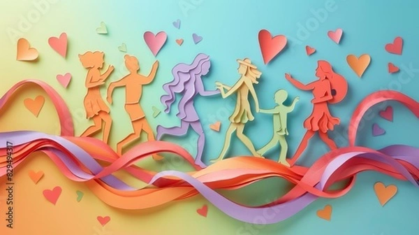 Obraz LGBTQ family running playing in paper cut art colorful hearts rainbow background