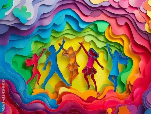 Obraz Joyful paper cut design LGBTQ people dancing vibrant rainbow waves