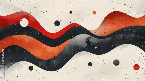 Fototapeta Abstract painting with red and black waves and circles.