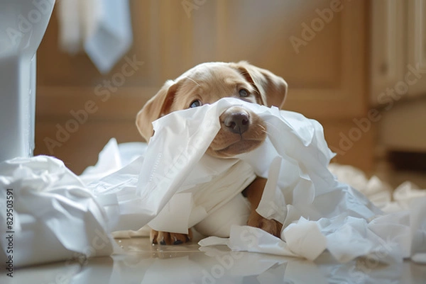 Fototapeta 犬のトイレのしつけとトイレットペーパー