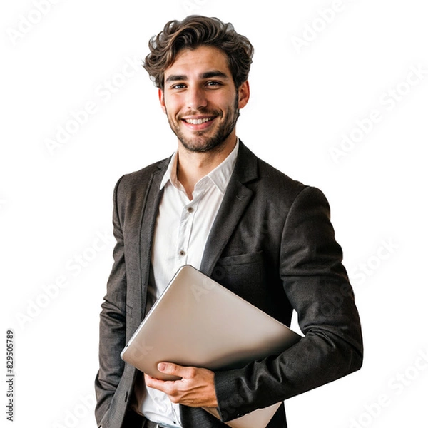 Obraz A young man in a business suit holding a laptop and smiling on an isolated background. Transparent background. PNG.