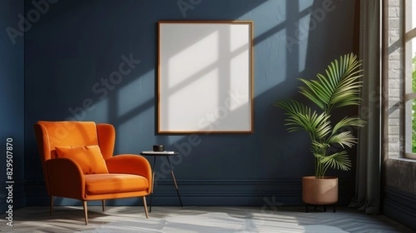 Fototapeta Indoor scene featuring a blue wall adorned with blank photo frame templates, sunlight streaming in through the window, and decorative elements such as a sofa and plant