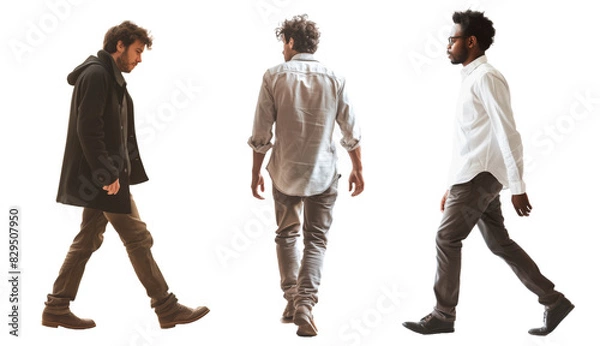 Obraz 若い白人と黒人の男性3人、歩くモーション、人物切り抜き
