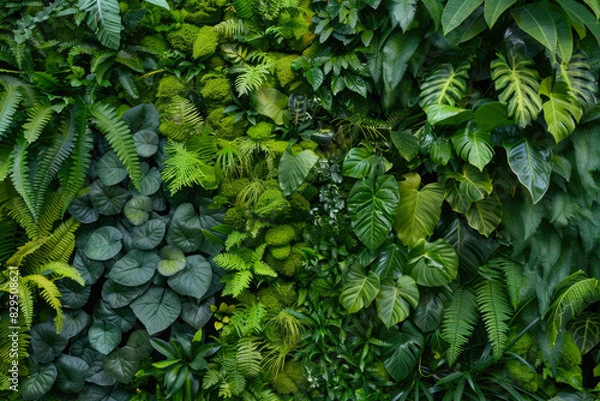 Fototapeta Wall Covered With Various Exotic Leaves And Flowers Plants For Background Created Using Artificial Intelligence
